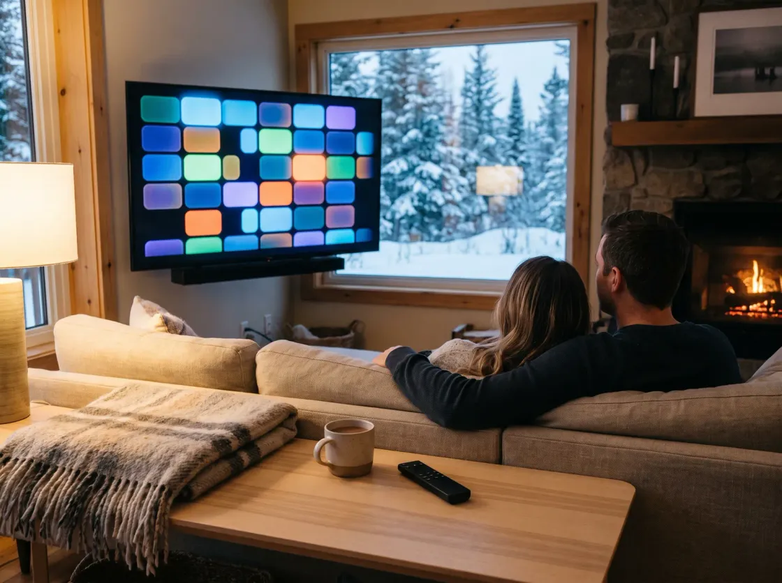 A couple watching TV in a Canadian living room on a snowy evening