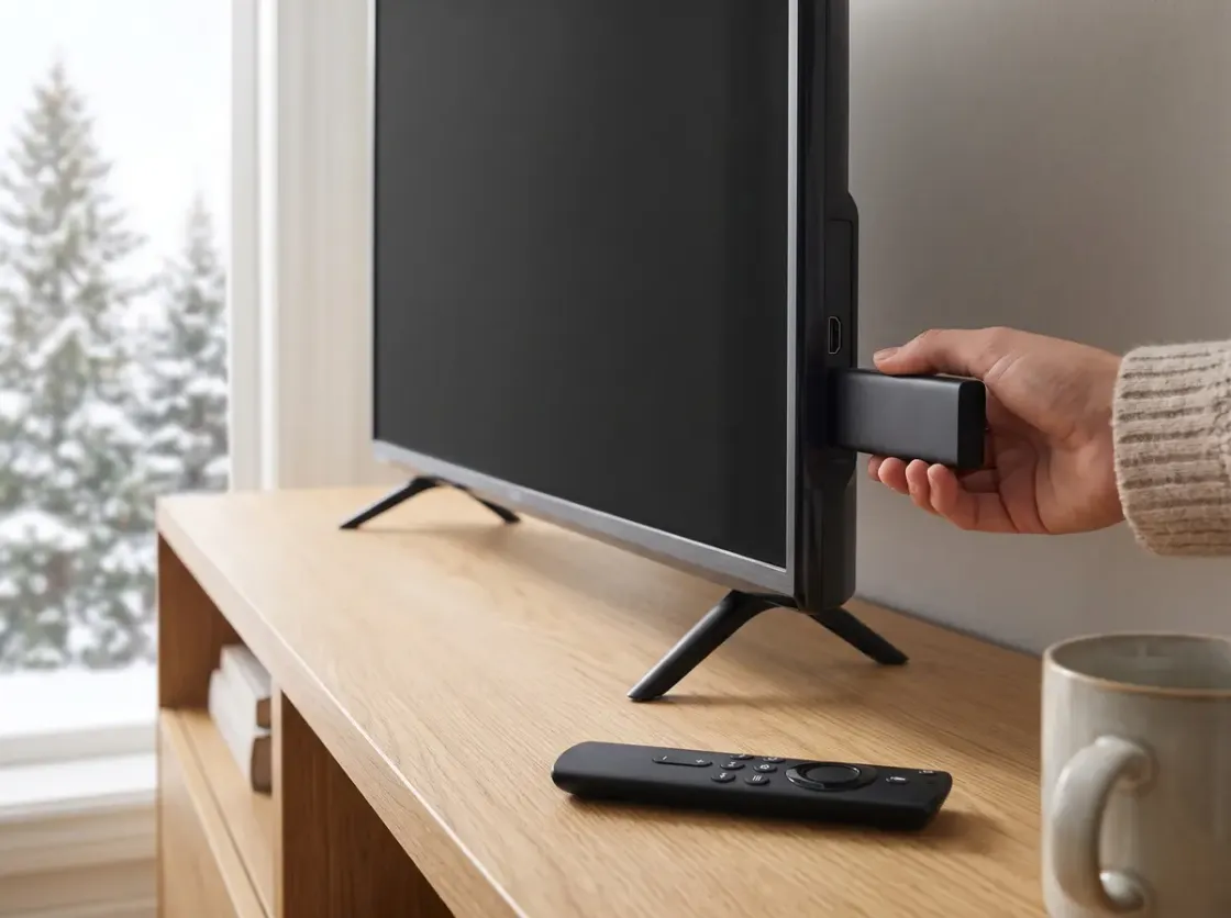 Plugging a streaming stick into the side of a TV