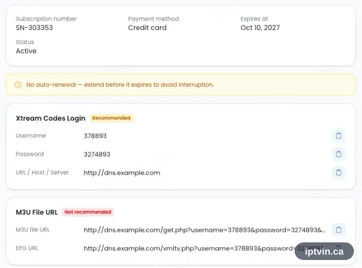 Page d’abonnement affichant la connexion Xtream Codes, l’adresse du fichier M3U et l’adresse EPG