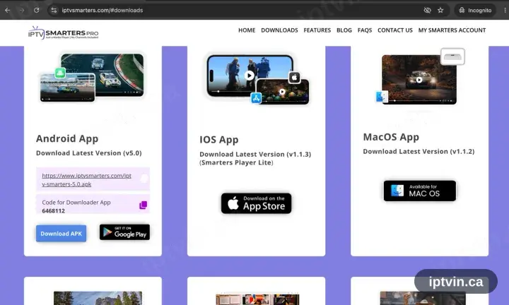 The IPTV Smarters site scrolled to its Download APK control