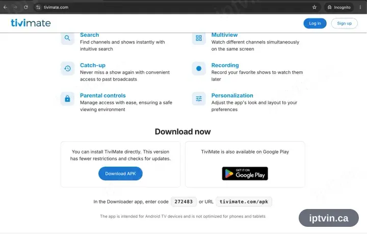 The TiviMate site scrolled to its Google Play and Install APK controls