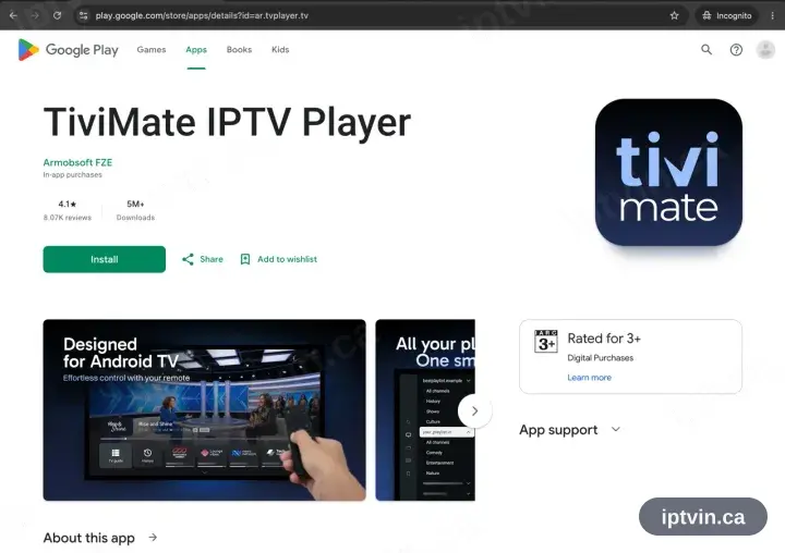 The TiviMate entry on Google Play with Install available