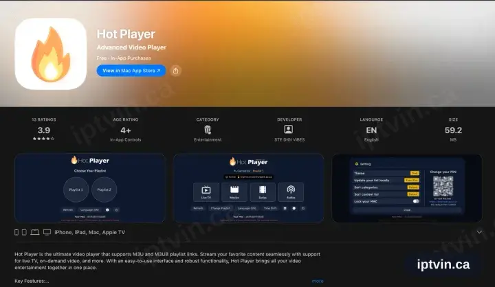 The Hot Player App Store entry listing iPhone, iPad, Mac and Apple TV support