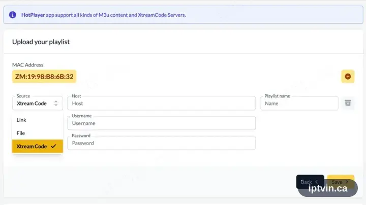 The hotplayer.app upload form, source set to Xtream Codes, with server, username and password fields