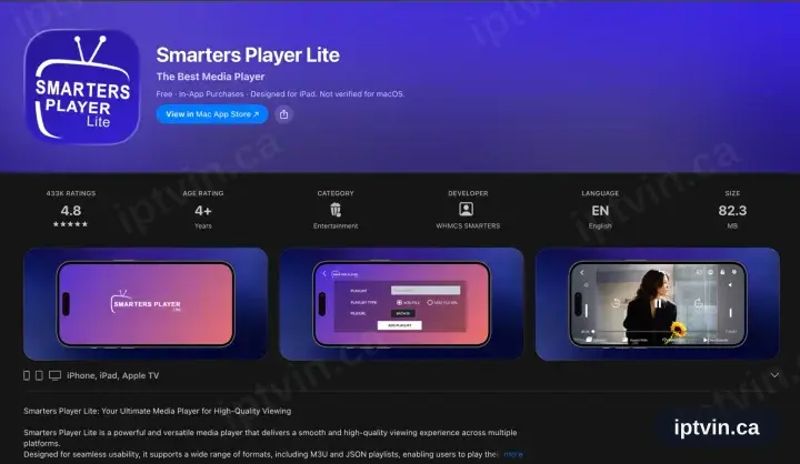 The Smarters Player Lite App Store entry listing iPhone, iPad and Apple TV support