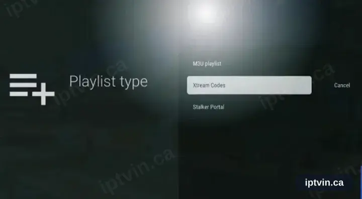 The TiviMate playlist type screen with Xtream Codes chosen