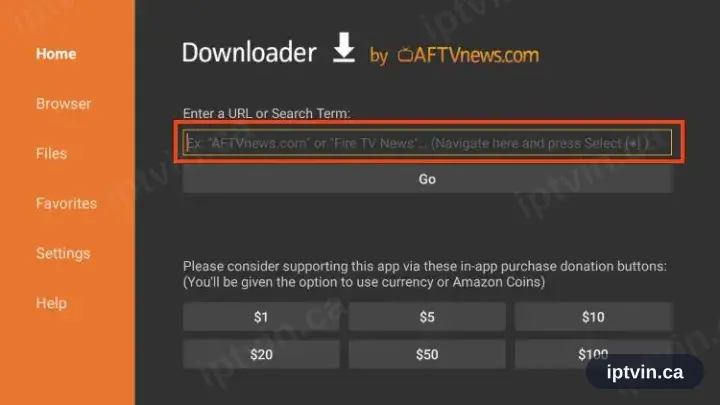 Downloader with the URL field focused on the Home tab
