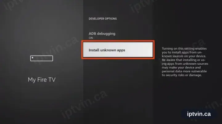 The Developer options menu with Install unknown apps focused