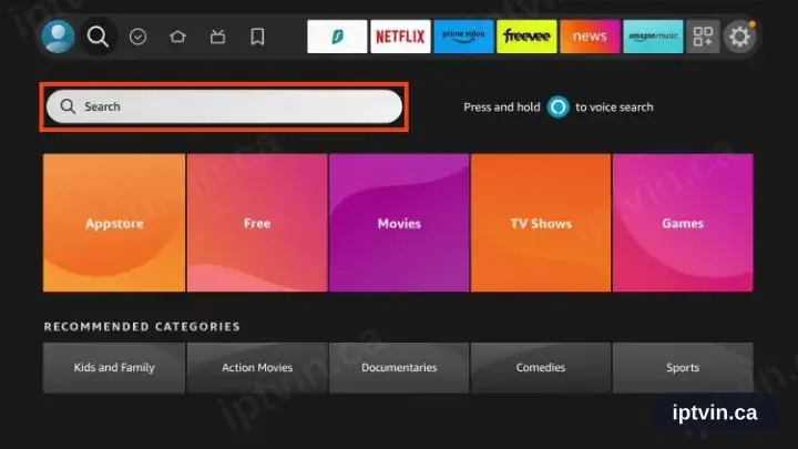 The Fire TV home screen, search icon selected on the top row
