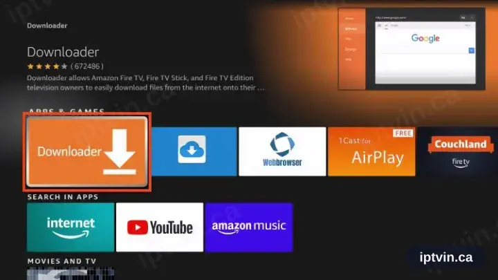 The orange Downloader listing chosen from the Fire TV results