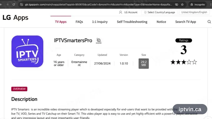 IPTV Smarters Pro on its LG Content Store entry