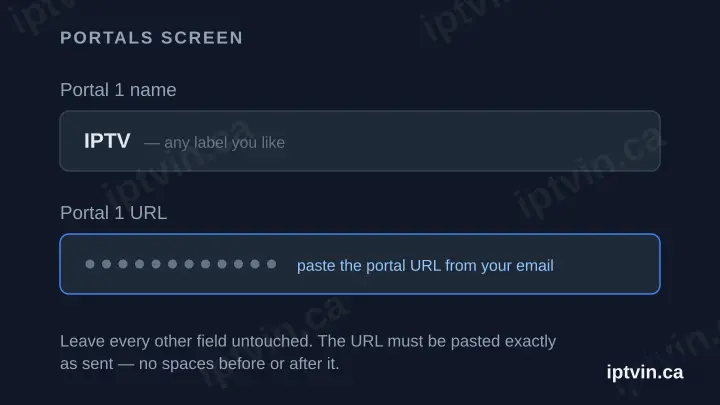 Diagram of the Portals screen showing the Portal 1 name field and the masked Portal 1 URL field.