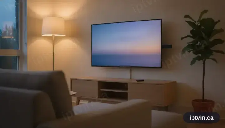 Salon avec une télé murale et une clé de diffusion branchée dans son port HDMI
