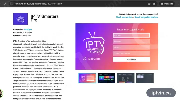 IPTV Smarters Pro on its Samsung Apps store entry