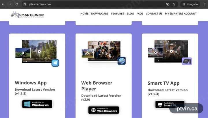 The IPTV Smarters downloads page with the Windows app download button